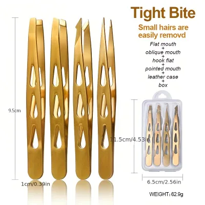 Stainless Steel Eyebrow Tweezers Set of 4 Straight, Slanted, Pointed, and Curved Tips, Eyebrow Grooming Tweezer Kit