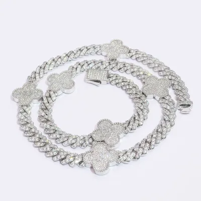 Hot Sale Femme 925 Sterling Silver VVS Moissanite Diamond Iced Out Lucky Four Leaf Clover Cuban Link Bracelet for Valentine