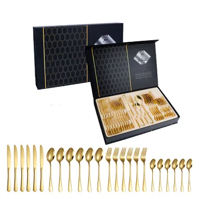 Wholesale 24pcs Gold Luxury Custom Logo Nordic Stainless Steel Flatware Spoons and Forks Home Tools Wedding Cutlery Set