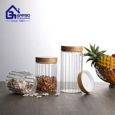1200ml Stripe Lined Design Borosilicate Glass Storage Jar with Bamboo Lid