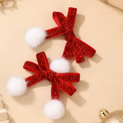 2Pcs Christmas Hair Bows Red Glitter Pom Poms Hair Clips for Girls Kids Winter Holiday Party New Year