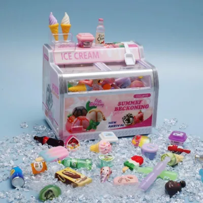Mini Ice Cream Freezer Toy Set Pretend Play Dollhouse Miniature Refrigerator Model with 20pcs Ice Creams Ice Scoop Ice Cubes