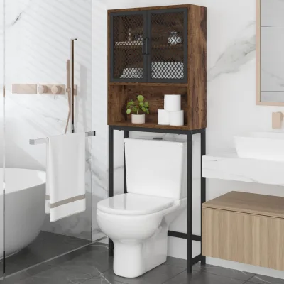 Adjustable Rustic Brown Wooden Toilet Storage Cabinet 3 Shelves Metal Eco-Friendly Multi-Purpose Space Saving Modern Bathroom