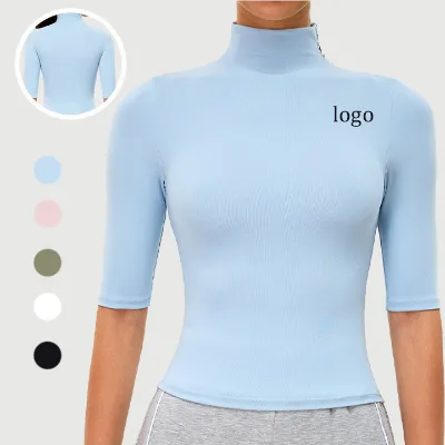 Quick Dry Gym Tops Slim Fit Four Way Stretch Workout Top High Neck Half Sleeve Women Yoga Top
