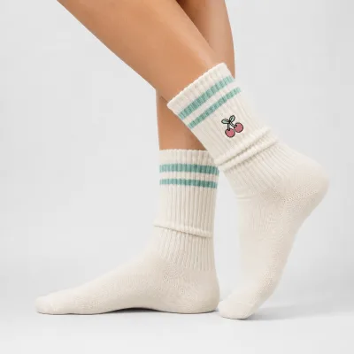 Wholesale Custom Embroidery Cherry Ribbed Socks Cream Green Stripe Cotton Knit Casual Man Socks