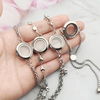 DIY Jewelry Round Floating Pendant Charms Locket Stainless Steel Twist Screw Closure Glass Surface Adjustable Chain Bracelet