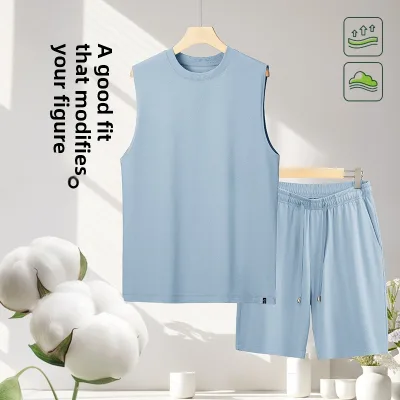 Men's All-Cotton Breathable Tank Top Shorts New Summer Casual Style Sleeveless T-Shirt for Outdoor Sports Mountaineering Suits