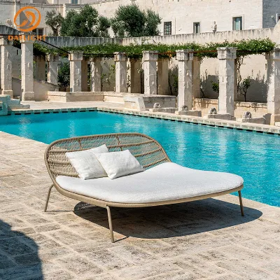 Modern Curved Outdoor Daybed with Woven Rope Backrest, Extra-Wide White Waterproof Cushion and Slim Metal Legs for Poolside