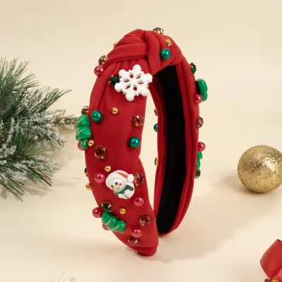 CN New Handmade Fabric Hairband With Small Bell Cartoon Rhinestone Red Green Headband for Girls Kids Christmas Headband