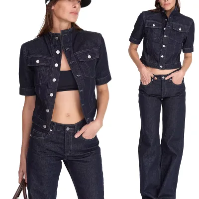 Women's Trendy Short-Sleeved Denim Fitted Coat Casual Summer Sexy Top with Straight-Neck Design