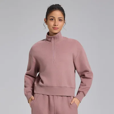 Fashion Women's Warm Fleece Lined 2 Piece Tracksuit Custom Breathable Half Zip Cotton Crop Sweatshirt Jogger Pants Sports Set