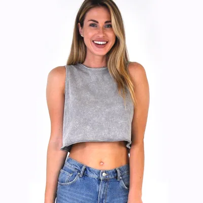 100% Combed Cotton Jersey Cropped Length Tee Mineral Washed Sleeveless t Shirts Raw Edge  Tops at Neck Armhole Bottom Hem