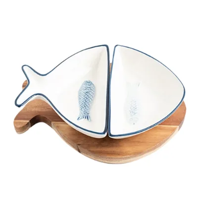 Cusyom Support Japanese Style Hand Painted Snack Dish Set Fish Shape 2 Compartment Ceramic Serving Plate Set with Wooden Tray