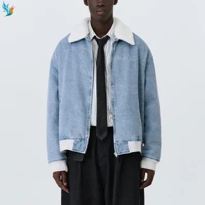 Custom New Grey Cotton Blend Acid Wash Classic Oversized Collar Front Zip Long Sleeves Mens Denim Bomber Jacket