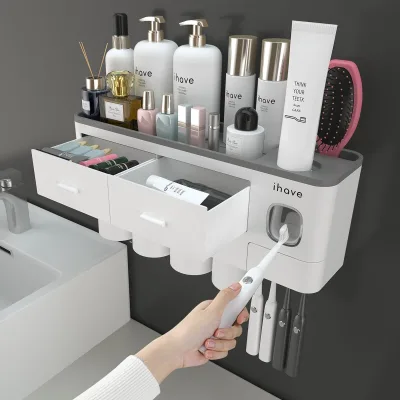 4 Cups Toothbrush Holder Wall Mounted with Toothpaste Dispenser Toothbrush Holders for Bathrooms
