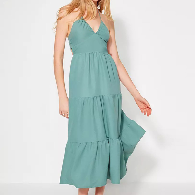 Summer Vacation Dress Halter Neck Sleeveless Knot Back Tiered Ruffled Hem Casual Dress Women Dresses