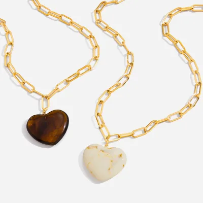 18K Gold Plated Stainless Steel Paperclip Chain Necklace Marble Resin Heart Pendant Light Luxury Jewelry for Women