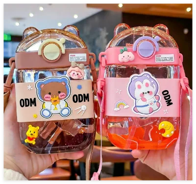 Cute Cartoon Children's Straw Type Suction Cup Strap Portable Outdoor Square Plastic Cup for Students Environmental Protection