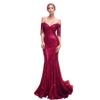 2024 Red Evening Gown Fringe  Wedding Dress with Elegant Lace Decoration Bridesmaid Party