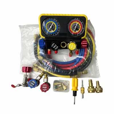 Manifold Gauge Set with Charging Hose and Quick Coupler Can Tap Valve and Valve Core Remover for R134a, R404a R1234yf