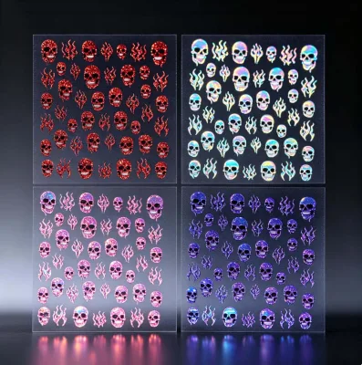 4Colors Holographic Glitter Skull Flame 3D Nail Stickers Gothic Punk Self Adhesive Nail Decals Halloween Manicure Decorations