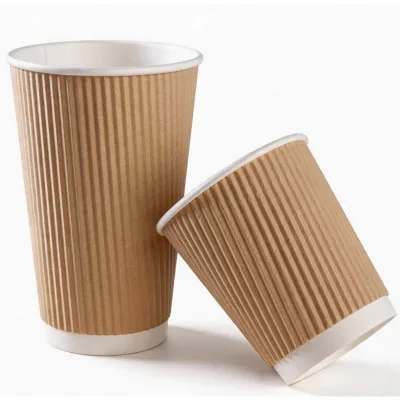 Insulated Recyclable Eco-Friendly Paper Cups 300ml/12oz 90mm White/Brown Ribbed Disposable