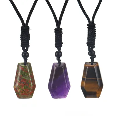 Natural Amethyst Crystal Agate Hexahedron Pendant Necklace Raw Stone Gemstone Beads Necklace with the Black Rope