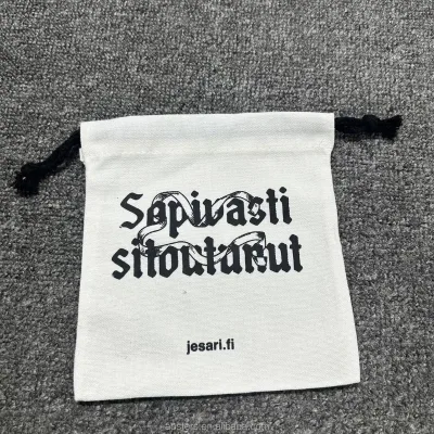 Ready Stock 18x20cm White Canvas Drawstring Pouch Bag with Custom Black Logo Printing, Premium Cotton Fabric Gift Packaging Bag