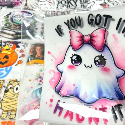 Cute Pink Soul Cartoon Heat Transfer Stickers with logo Custom Design Hallowmas Dtf Transfers for t Shirts