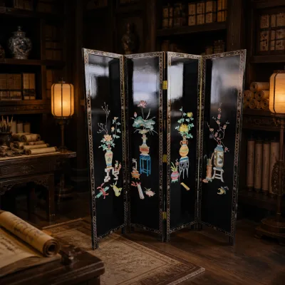 Premium Black Lacquer Folding Screen Traditional Chinese Artisan Interior Art
