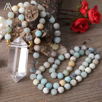 Matte Amazonite Round Bead Healing Necklace , Crystal Quartz Double Point Pendant Mala Necklaces