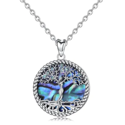 Changda 925 Sterling Silver Mother of Pearl Abalone Shell Tree of Life Necklace Pendant