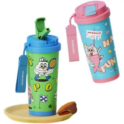 Children's Large Capacity Ceramic Straw Kettle 316 High Aesthetic Value Double Drinking Cup Hot Cute Cartoon Design Male Female