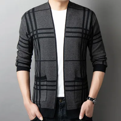 2021 Latest Autumn Winter New Arrival Man's Casual Style Stripe Shawl Collar Open Front Sweater
