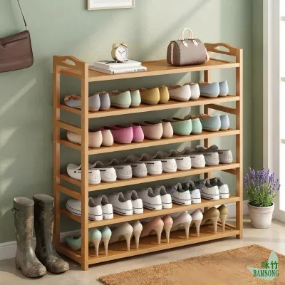 Shoe Rack 5 Tier Large Capacity Flat Bamboo Layers Sturdy & Multi-functional for Entryway Freestanding Wall Shoe Cabinet