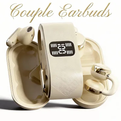 Q16 Clip-on & Semi-in-ear Comfortable Wireless Couple Earphones (Two Pairs) with Battery Display and Leather Texture Design