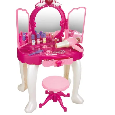 Kids Pretend Play Beauty Makeup Vanity Table Set with Infrared Sensing Magic Door Lights Music Mirror Stool Girls Gift