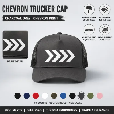 Wholesale Charcoal Gray Mesh Trucker Hat Personalized Chevron Graphic Print Adjustable Snapback Unisex