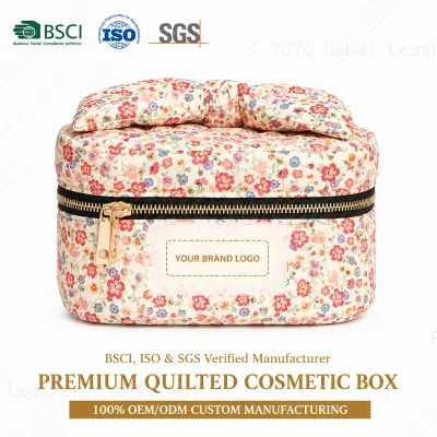 Wholesale Custom Quilted Cotton Makeup Bag Bowknot Handle Compact Packaging Custom Zipper Pullers for Women Daily Travel