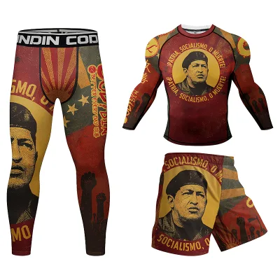 Nylon Anti Rash Guard Compression Set 3D Printed Men's Full Sleeve Gym Top Workout Shorts Quick Drying UPF50 Anti-UV Breathable