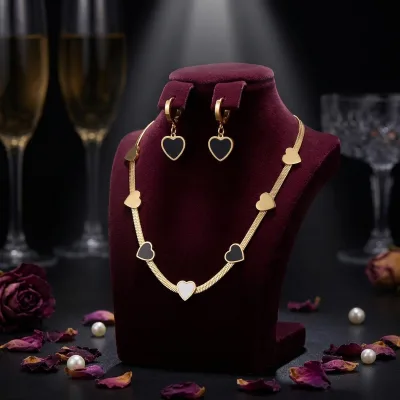 High Quality 18K Gold Plated Stainless Steel Single Sided Black Four-leaf Clover Link Zircon Necklace Earrings Sets for Women