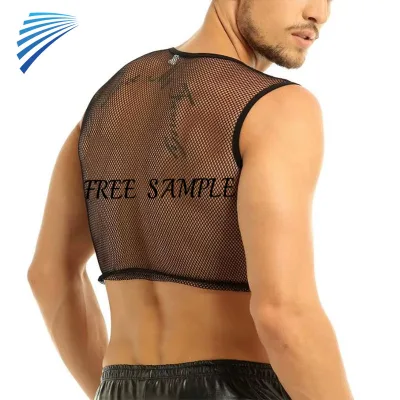 100% Cotton Men's Crop Top Sexy Transparent Mesh Neck Sleeves Street Party Nightclub Breathable Knitted Shirt