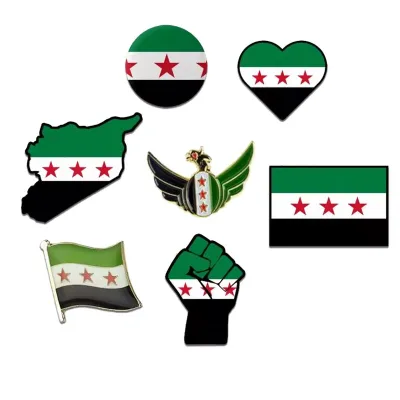 Antique Custom Made Gold Double Flag Soft Hard Enamel Metal Crossed Syria National Flag Map Shape Country Souvenirs Flag Pin