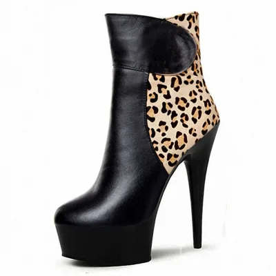 Custom Logo Women Leopard Platform Boots Round Toe 8 Inch Ladies Boots 20 cm Ankle High Heel Pumps Women Nightclub Punk Boot