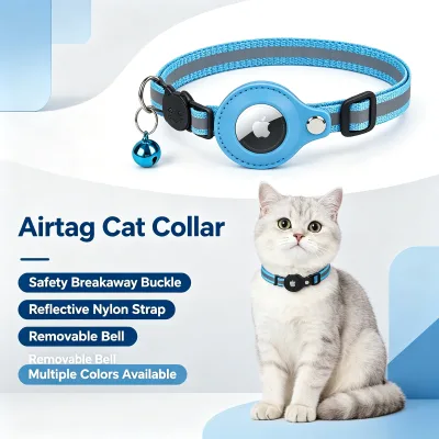 Safety Breakaway Cat Collar With Airtag Holder Reflective Polyester Kitten Collar Bell Anti-lost Pet Collar Support OEM ODM