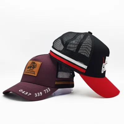 Low MOQ Burgundy Men 5 Panel Australia Country 2 Side Stripe Style Twill Cotton Leather Patch Mesh Trucker Hat Custom