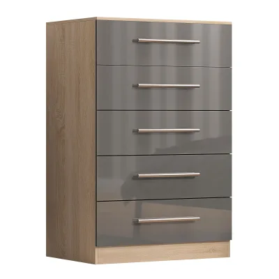 5 Drawer 76.5cm Wide Grey Full Extension Metal Slides Bedroom Living Room Wooden Storage Chest of Drawers for Baby Clothes