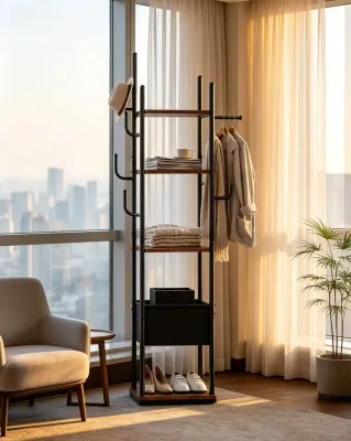 Best Seller Coat Rack with 3 Shelves, 8 Hooks and 1 Fabric Pouch, Square Coat Hanger Stand, Metal Clothes Tree