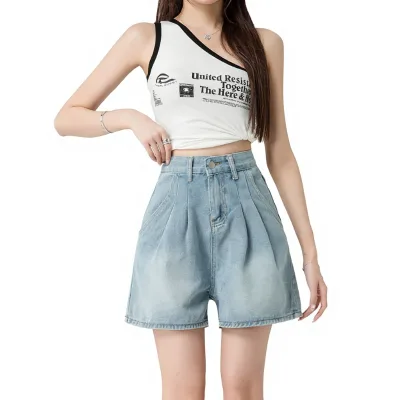 American Retro White Denim Shorts Women's 2026 Summer New High Waist Regular Fit Splicing Medium Wash Girlfriend Fashion