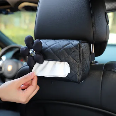 Leather Car Tissue Box With Nice Flower Car Seat Back Hanging Drawout Box Multifunctional Armrest Box
